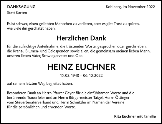 Traueranzeige von Heinz Euchner von Metzinger-Uracher Volksblatt