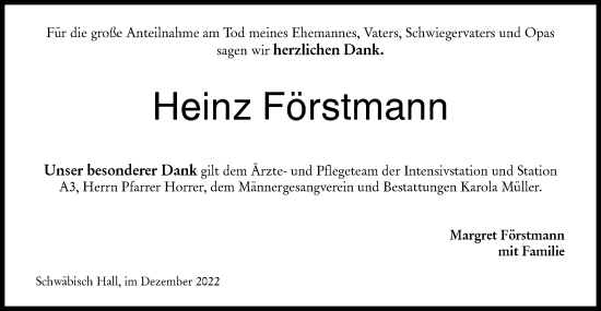 Traueranzeige von Heinz Förstmann von Haller Tagblatt