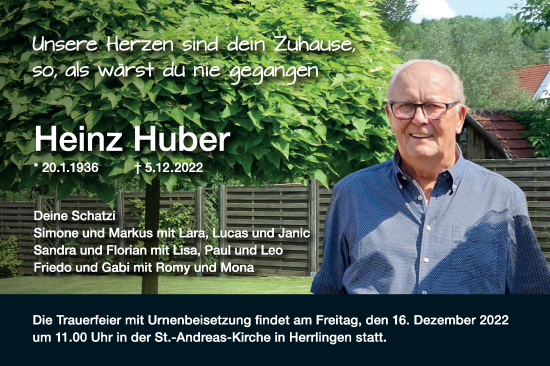 Traueranzeige von Heinz Huber von SÜDWEST PRESSE Ausgabe Ulm/Neu-Ulm