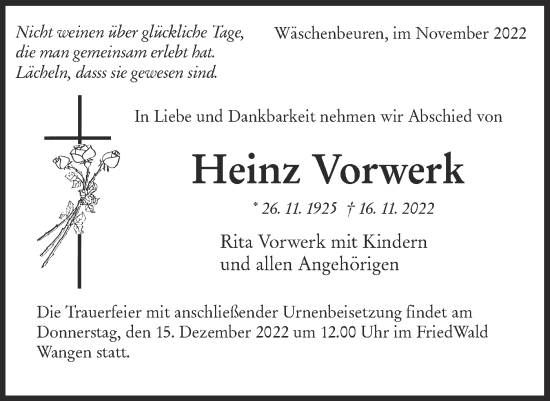 Traueranzeige von Heinz Vorwerk von NWZ Neue Württembergische Zeitung