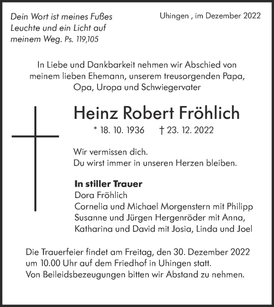 Traueranzeige von Heinz Robert Fröhlich von NWZ Neue Württembergische Zeitung