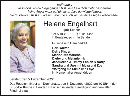 Traueranzeige von Helene Engelhart von SÜDWEST PRESSE Ausgabe Ulm/Neu-Ulm