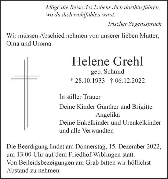 Traueranzeige von Helene Grehl von SÜDWEST PRESSE Ausgabe Ulm/Neu-Ulm