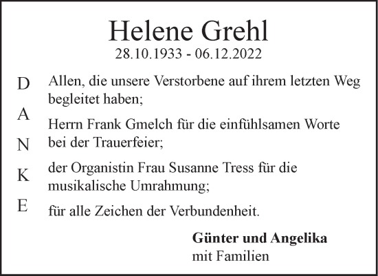 Traueranzeige von Helene Grehl von SÜDWEST PRESSE Ausgabe Ulm/Neu-Ulm