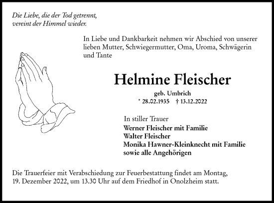 Traueranzeige von Helmine Fleischer von Hohenloher Tagblatt