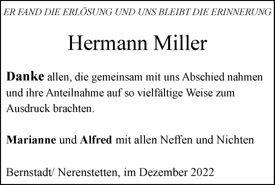 Traueranzeige von Hermann Miller von SÜDWEST PRESSE Ausgabe Ulm/Neu-Ulm