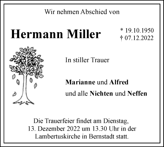 Traueranzeige von Hermann Miller von SÜDWEST PRESSE Ausgabe Ulm/Neu-Ulm