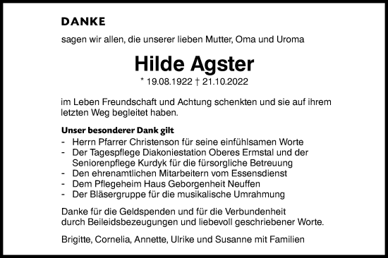 Traueranzeige von Hilde Agster von Metzinger-Uracher Volksblatt