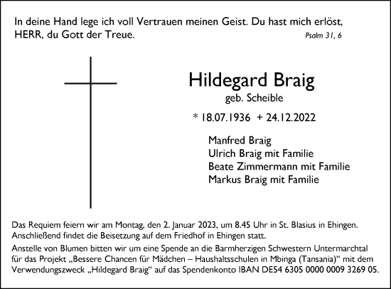 Traueranzeige von Hildegard Braig von Ehinger Tagblatt