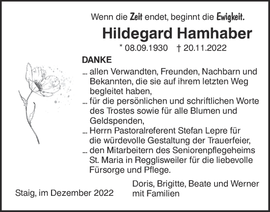 Traueranzeige von Hildegard Hamhaber von SÜDWEST PRESSE Ausgabe Ulm/Neu-Ulm