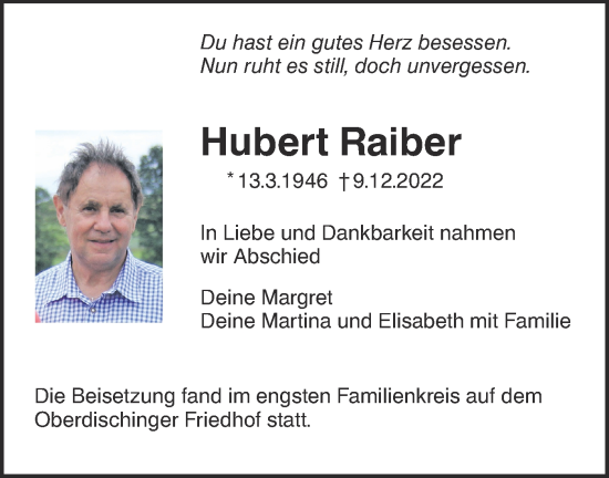 Traueranzeige von Hubert Raiber von Ehinger Tagblatt