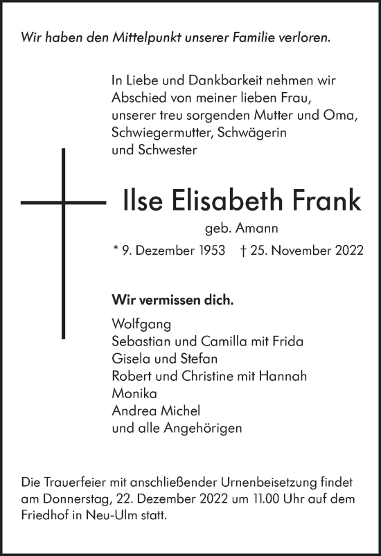 Traueranzeige von Ilse Elisabeth Frank von SÜDWEST PRESSE Ausgabe Ulm/Neu-Ulm