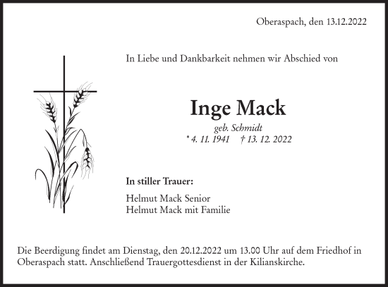 Traueranzeige von Inge Mack von Hohenloher Tagblatt