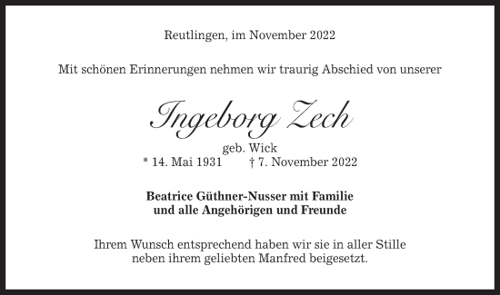 Traueranzeige von Ingeborg Zech von Alb-Bote/Metzinger-Uracher Volksblatt