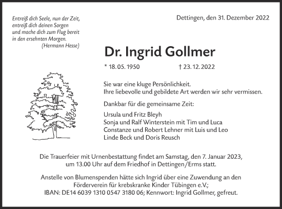 Traueranzeige von Ingrid Gollmer von Alb-Bote/Metzinger-Uracher Volksblatt