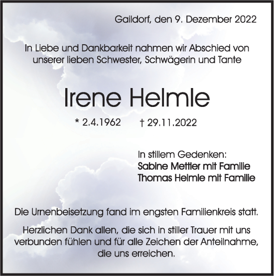 Traueranzeige von Irene Helmle von Rundschau Gaildorf