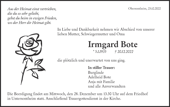 Traueranzeige von Irmgard Bote von Haller Tagblatt