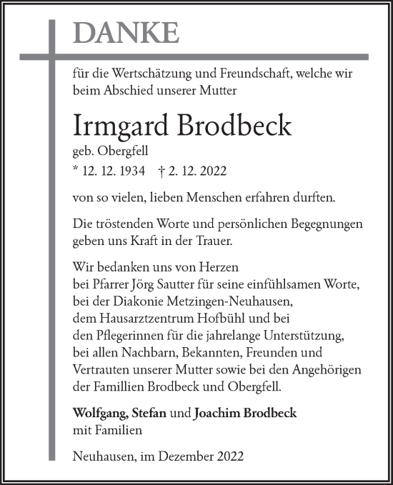 Traueranzeige von Irmgard Brodbeck von Metzinger-Uracher Volksblatt