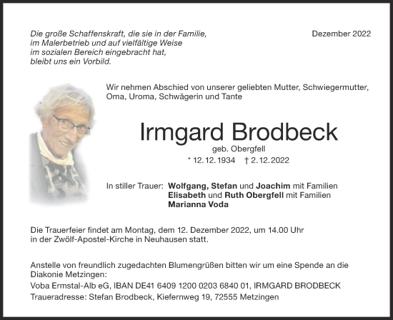 Traueranzeige von Irmgard Brodbeck von Metzinger-Uracher Volksblatt