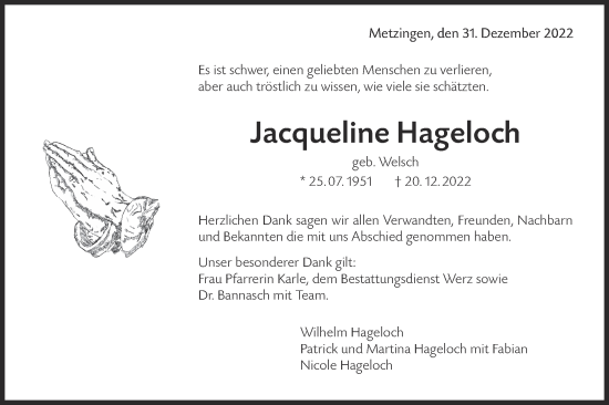 Traueranzeige von Jacqueline Hageloch von Alb-Bote/Metzinger-Uracher Volksblatt