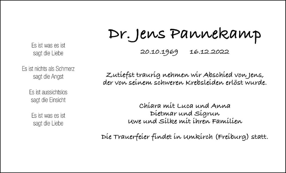  Traueranzeige für Jens Pannekamp vom 22.12.2022 aus SÜDWEST PRESSE Ausgabe Ulm/Neu-Ulm