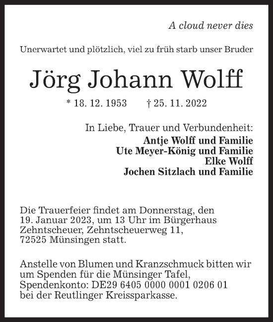 Traueranzeige von Jörg Johann Wolff von Alb-Bote/Metzinger-Uracher Volksblatt