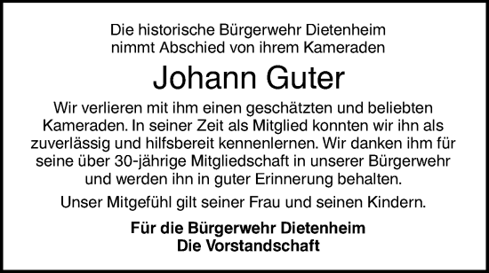 Traueranzeige von Johann Guter von SÜDWEST PRESSE Ausgabe Ulm/Neu-Ulm