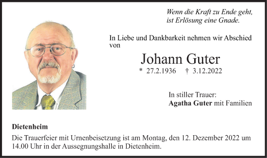 Traueranzeige von Johann Guter von SÜDWEST PRESSE Ausgabe Ulm/Neu-Ulm