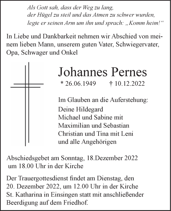 Traueranzeige von Johannes Pernes von SÜDWEST PRESSE Ausgabe Ulm/Neu-Ulm