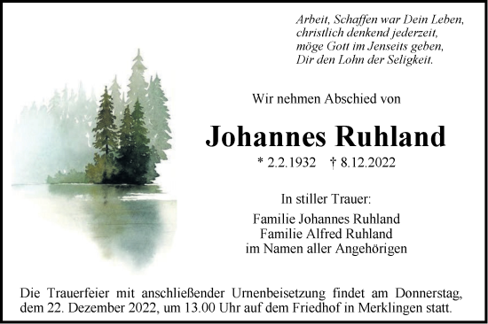 Traueranzeige von Johannes Ruhland von SÜDWEST PRESSE Ausgabe Ulm/Neu-Ulm