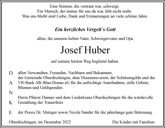 Traueranzeige von Josef Huber von Ehinger Tagblatt