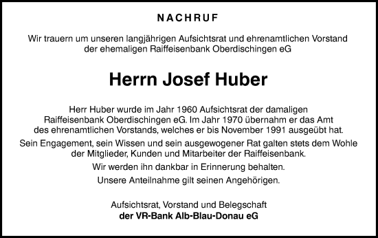 Traueranzeige von Josef Huber von Ehinger Tagblatt