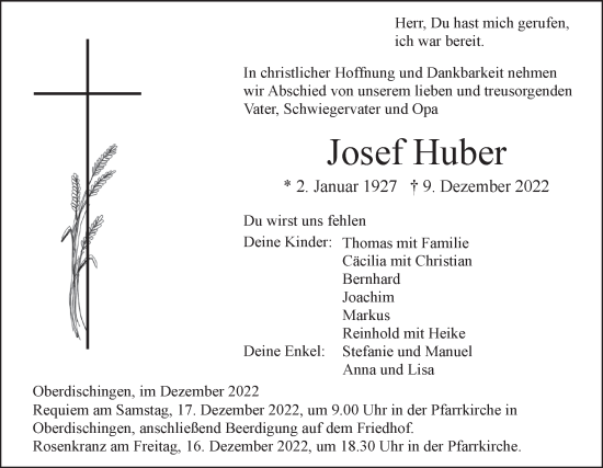 Traueranzeige von Josef Huber von Ehinger Tagblatt