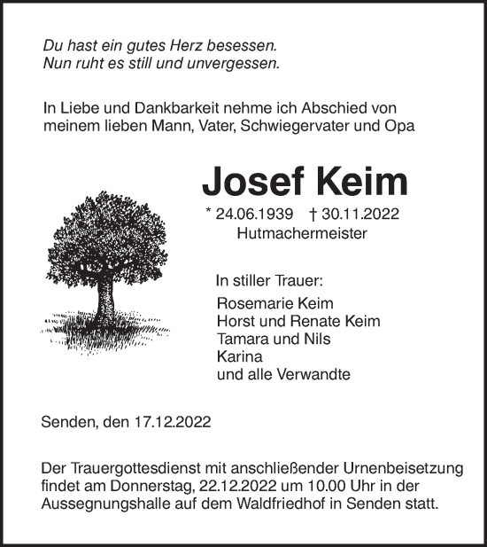 Traueranzeige von Josef Keim von SÜDWEST PRESSE Ausgabe Ulm/Neu-Ulm