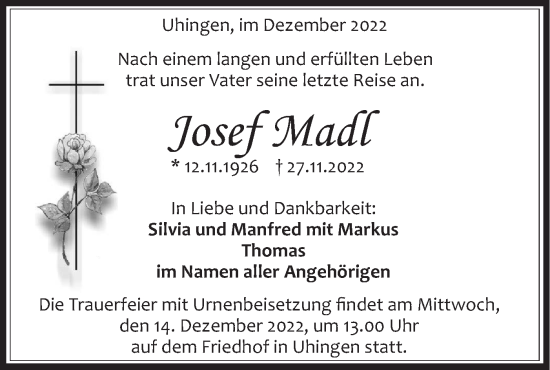 Traueranzeige von Josef Madl von NWZ Neue Württembergische Zeitung