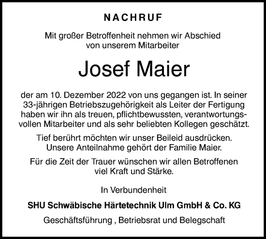 Traueranzeige von Josef Maier von SÜDWEST PRESSE Ausgabe Ulm/Neu-Ulm