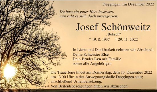 Traueranzeige von Josef Schönweitz von Geislinger Zeitung