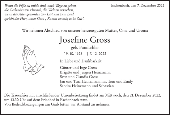 Traueranzeige von Josefine Gross von NWZ Neue Württembergische Zeitung