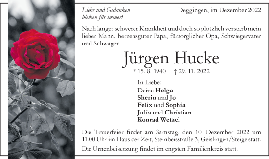 Traueranzeige von Jürgen Hucke von Geislinger Zeitung