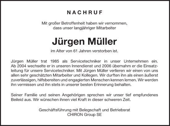 Traueranzeige von Jürgen Müller von NWZ Neue Württembergische Zeitung