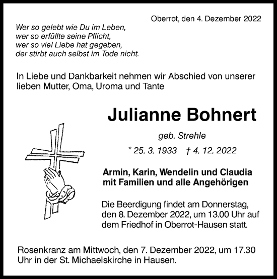 Traueranzeige von Julianne Bohnert von Haller Tagblatt