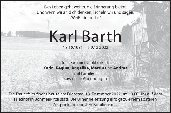 Traueranzeige von Karl Barth von Geislinger Zeitung