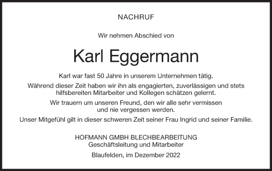 Traueranzeige von Karl Eggermann von Hohenloher Tagblatt