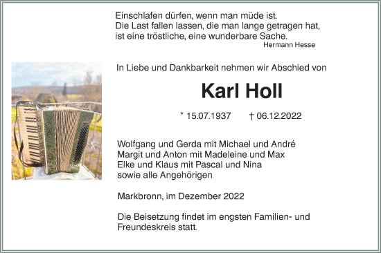 Traueranzeige von Karl Holl von SÜDWEST PRESSE Ausgabe Ulm/Neu-Ulm