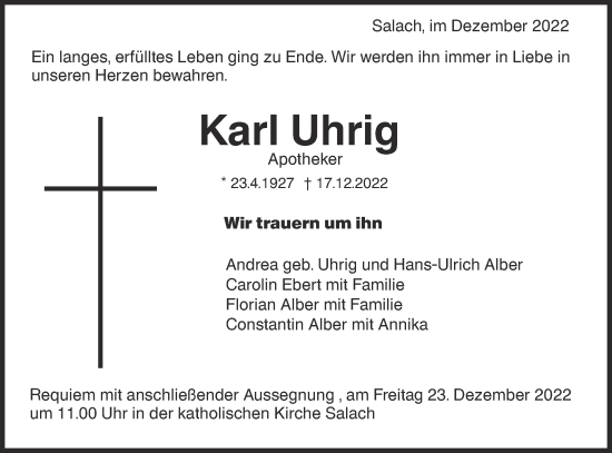 Traueranzeige von Karl Uhrig von NWZ Neue Württembergische Zeitung