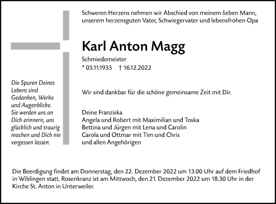 Traueranzeige von Karl Anton Magg von SÜDWEST PRESSE Ausgabe Ulm/Neu-Ulm