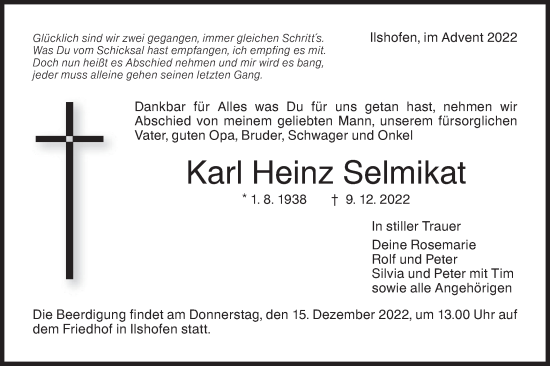 Traueranzeige von Karl Heinz Selmikat von Haller Tagblatt