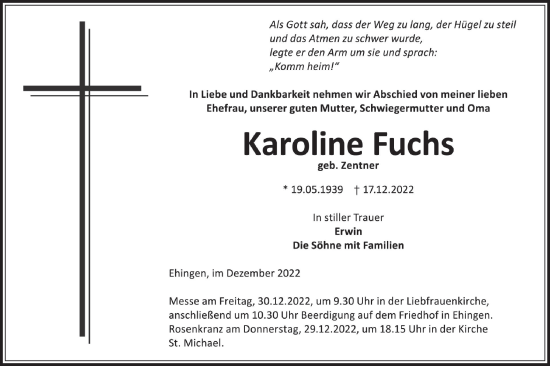 Traueranzeige von Karoline Fuchs von Ehinger Tagblatt