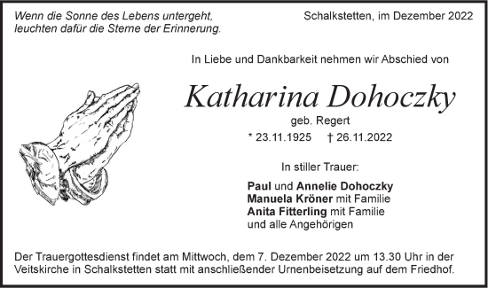 Traueranzeige von Katharina Dohoczky von Geislinger Zeitung