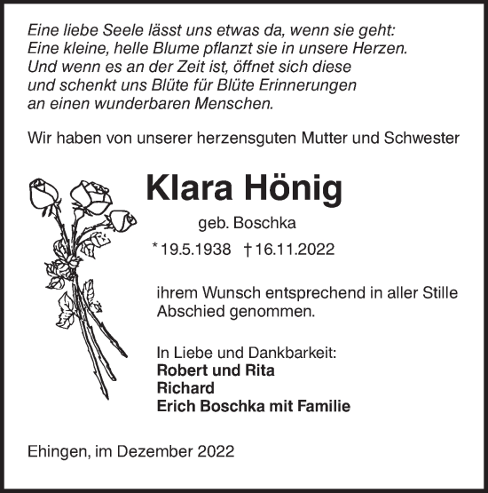 Traueranzeige von Klara Hönig von Ehinger Tagblatt